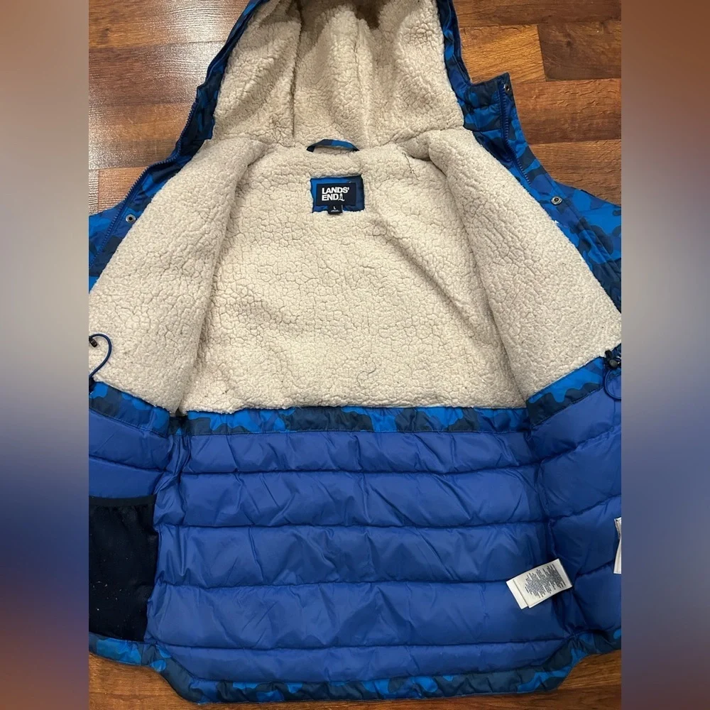 Lands End Kids Expedition Down Winter Parka Jacket Blue Camouflage Large 14/16